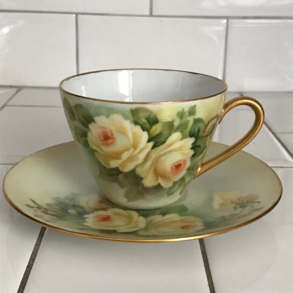Pair Bavaria Tea cup and saucer hand painted Yellow Roses on light yellow background 1961 Western Germany Fine bone china collectible