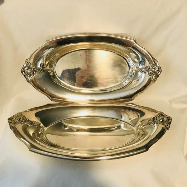 Pair of Matching Silverplate Serving Bowls trays dishes dining display collectible Ornate Foral Handles Wilcox trays plates platters