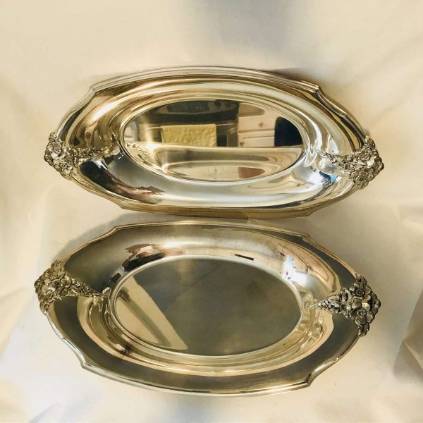 Pair of Matching Silverplate Serving Bowls trays dishes dining display collectible Ornate Foral Handles Wilcox trays plates platters
