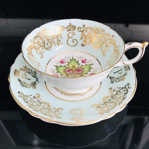 Paragon Tea Cup and Saucer England Aqua background green trim with Pink rose Collectible Display Cottage dining coffee elegant serving