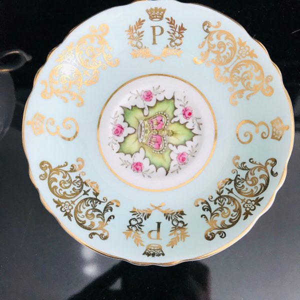 Paragon Tea Cup and Saucer England Aqua background green trim with Pink rose Collectible Display Cottage dining coffee elegant serving