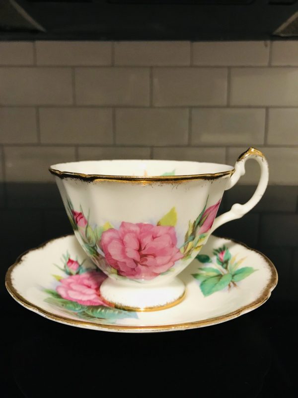 Paragon Tea Cup and Saucer England Bright Pink Large Cabbage Rose bridal shower Collectible farmhouse Display Cottage serving coffee