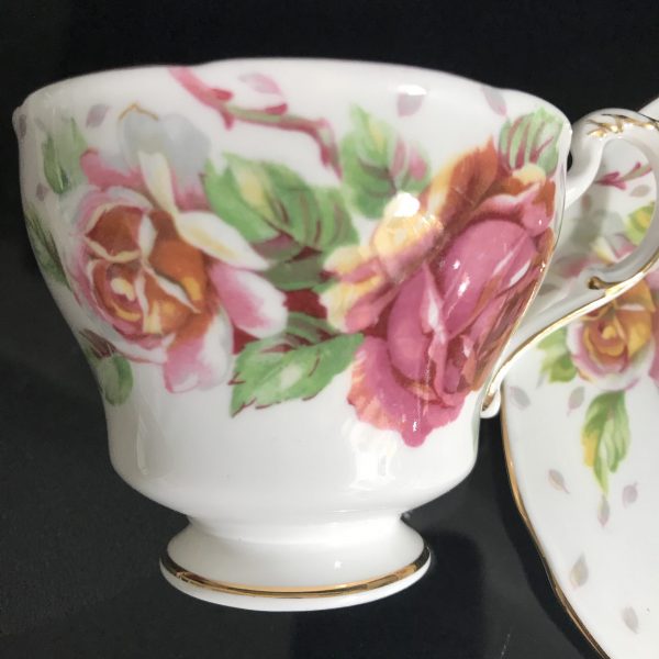 Paragon Tea Cup and Saucer England Pink Yellow Roses Gray small leaves bridal shower Collectible farmhouse Display Cottage serving coffee