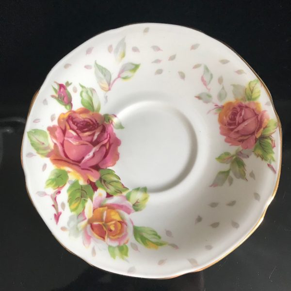 Paragon Tea Cup and Saucer England Pink Yellow Roses Gray small leaves bridal shower Collectible farmhouse Display Cottage serving coffee