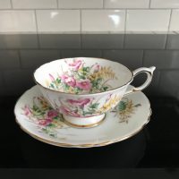 Paragon Tea Cup and Saucer England Pink Yellow Roses Gray small leaves  bridal shower Collectible farmhouse Display Cottage serving coffee –  Carol's True Vintage and Antiques