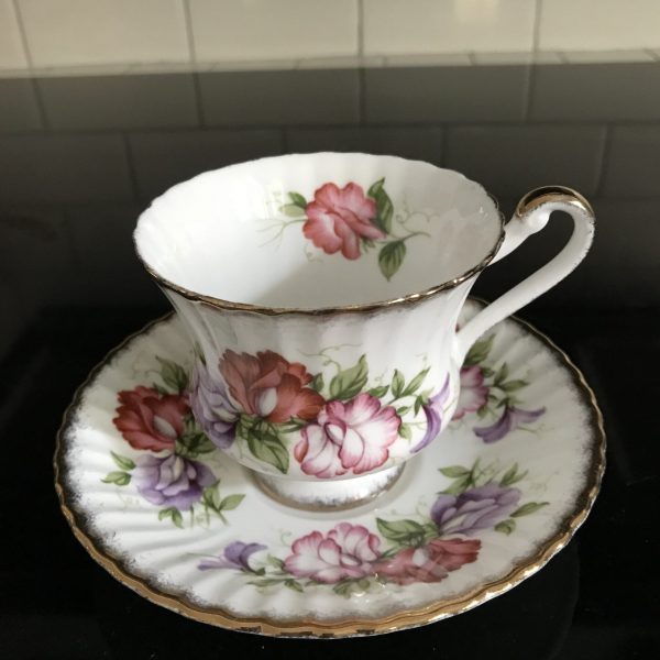 Paragon Tea Cup and Saucer lavender pink red floral scalloped pattern gold trim England Collectible Display Farmhouse Cottage