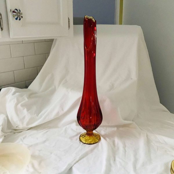 Pedestal Vase Mid Century Modern Amberina Glass Red & Yellow mod retro collectible atomic display 20" tall