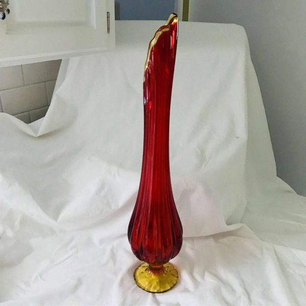 Pedestal Vase Mid Century Modern Amberina Glass Red & Yellow mod retro collectible atomic display 20" tall