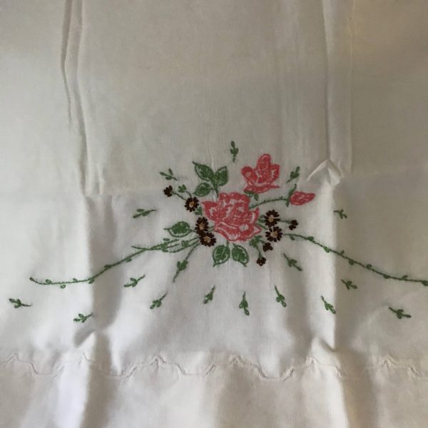 Pillowcase Single Hand embroidered Pink roses purple flowers bedding bed & breakfast cottage cabin guest room collectible linens poppies