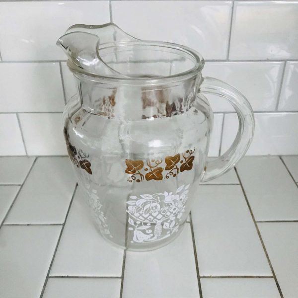 Pitcher Glass white fruit compotes with gold leaves Iced Tea Koolaid Collectible Retro Kitchen display farmhouse summer picnic patio water