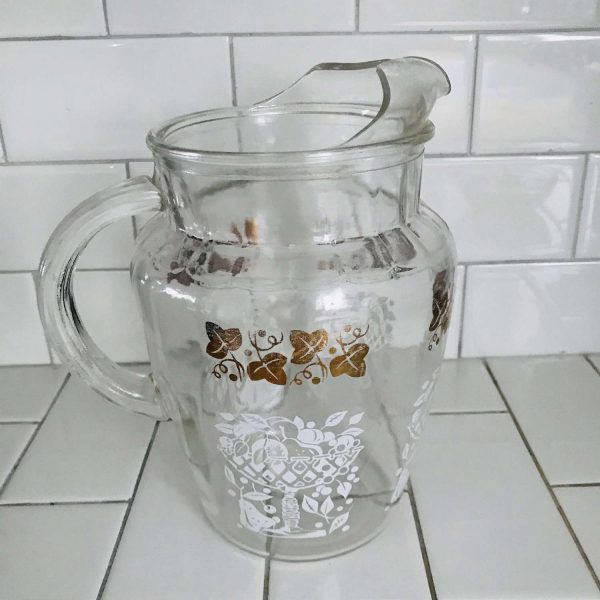 Pitcher Glass white fruit compotes with gold leaves Iced Tea Koolaid Collectible Retro Kitchen display farmhouse summer picnic patio water