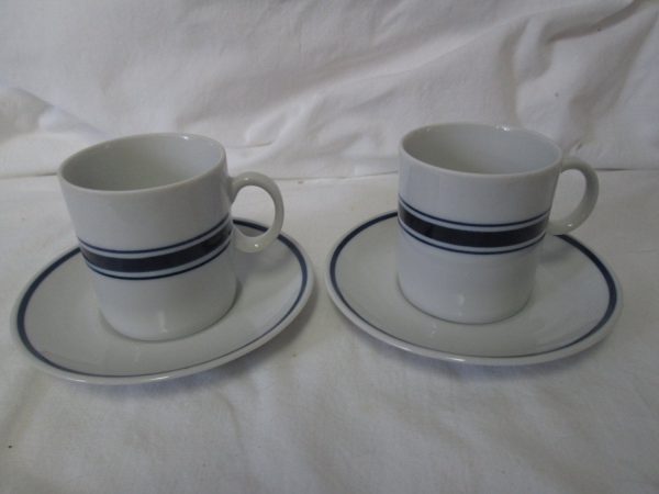 Porcelain Blue Stripe Pair of Demitasse Cup and Saucers Poland