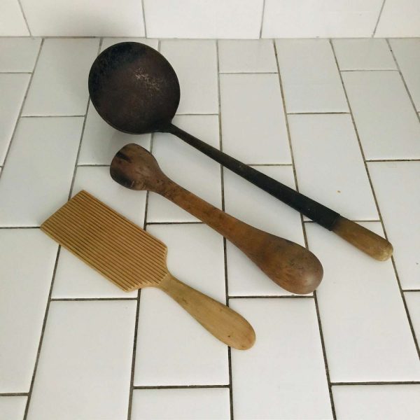 Primitive kitchen tools iron ladle wooden zester and masher collectible farmhouse cabin lodge wall decor antique kitchen display gadgets
