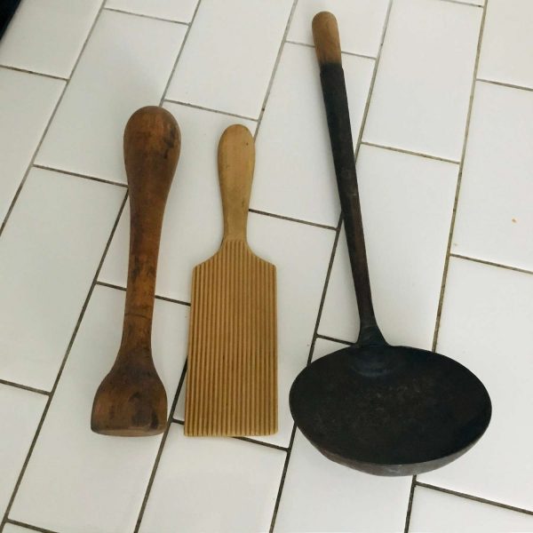 Primitive kitchen tools iron ladle wooden zester and masher collectible farmhouse cabin lodge wall decor antique kitchen display gadgets