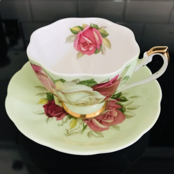 Queen Anne Georgous tea cup and saucer England Fine bone china apple green with  Roses farmhouse collectible display cottage coffee