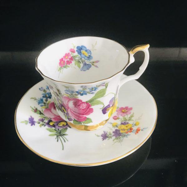 Queen Anne tea cup and saucer England Fine bone china Bright Pink Cabbage rose with purple & blue flowers farmhouse collectible display