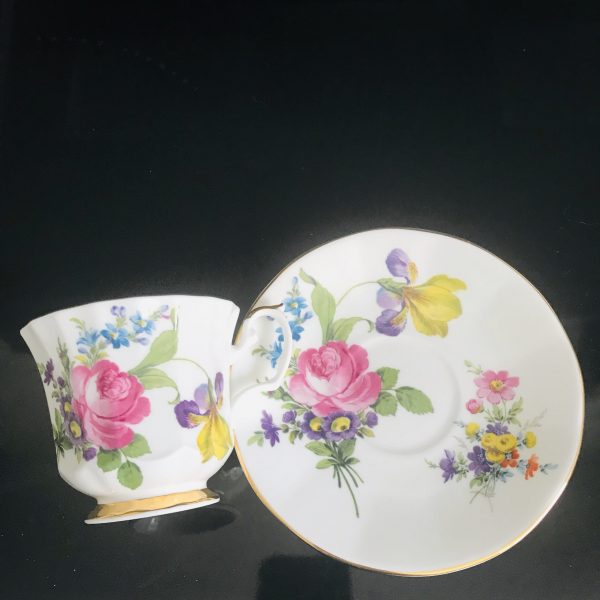 Queen Anne tea cup and saucer England Fine bone china Bright Pink Cabbage rose with purple & blue flowers farmhouse collectible display
