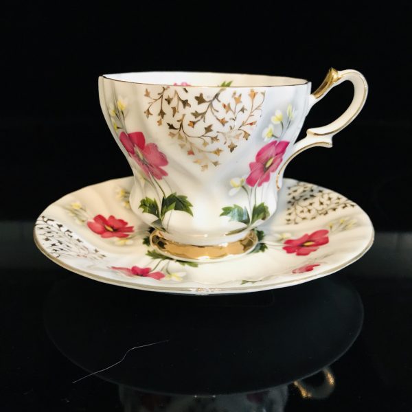 Queen Anne tea cup and saucer England Fine bone china Bright Pink Cosmos heavy gold trim farmhouse collectible display