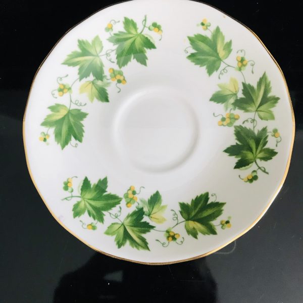 Queen Anne tea cup and saucer England Fine bone china Green Grape Vines and Leaves farmhouse collectible display