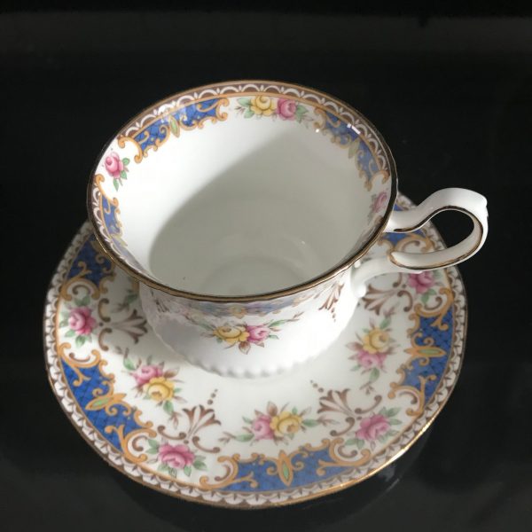 Queen Anne tea cup and saucer England Fine bone china Kenilworth Blue orante pattern gold trim farmhouse collectible display dining coffee