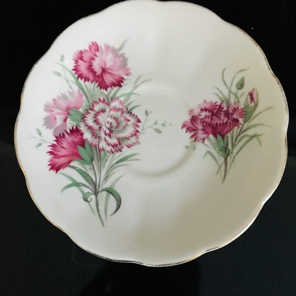 Queen Anne tea cup and saucer England Fine bone china Large Pink Carnations gold trim farmhouse collectible display dining coffee