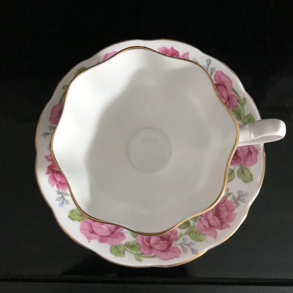 Queen Anne tea cup and saucer England Fine bone china large Pink rose garland rims farmhouse collectible display cottage coffee