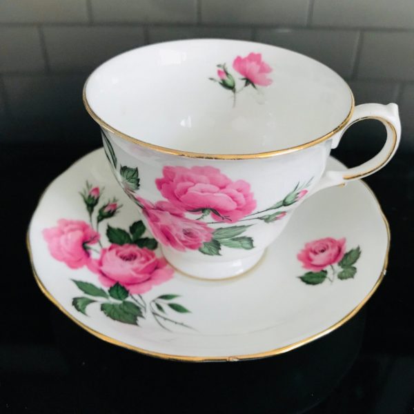Queen Anne tea cup and saucer England Fine bone china Large Pink Roses dark green leaves farmhouse collectible display coffee dining