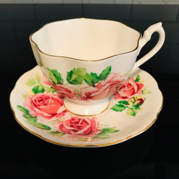 Queen Anne tea cup and saucer England Fine bone china Large Pink Roses gold trim farmhouse collectible display dining coffee serving