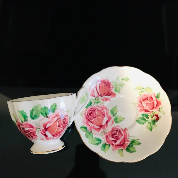 Queen Anne tea cup and saucer England Fine bone china Large Pink Roses gold trim farmhouse collectible display dining coffee serving