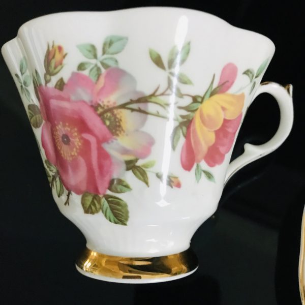 Queen Anne tea cup and saucer England Fine bone china Pink Orange & Yellow Roses gold trim farmhouse collectible display coffee