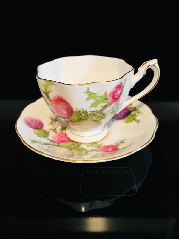 Queen Anne tea cup and saucer England Fine bone china Pink & Purple Thistle Green Leaves farmhouse collectible display bridal shower wedding