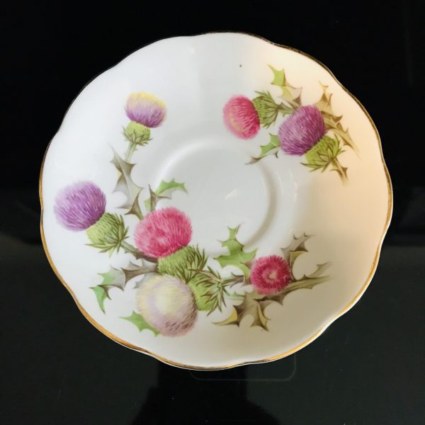 Queen Anne tea cup and saucer England Fine bone china Pink & Purple Thistle Green Leaves farmhouse collectible display bridal shower wedding
