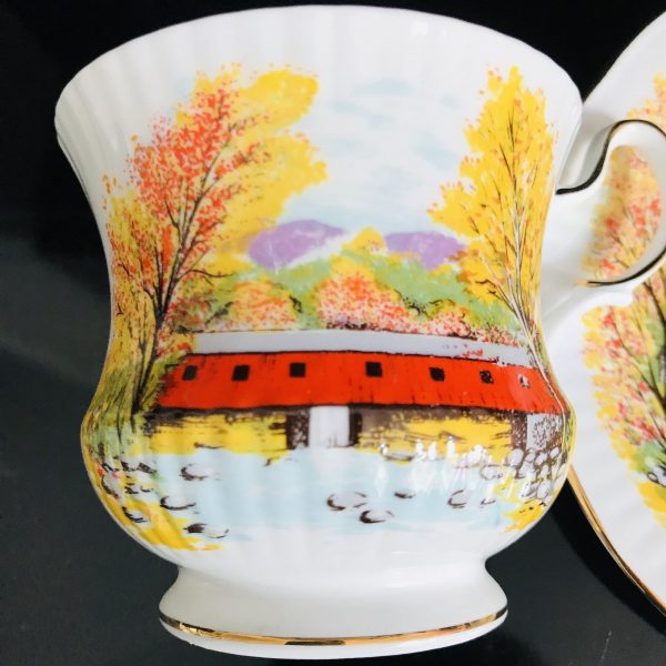 Queen's Autumn Covered Bridge tea cup and saucer England Fine bone china Fall colors bright orange collectible display cottage lodge coffee