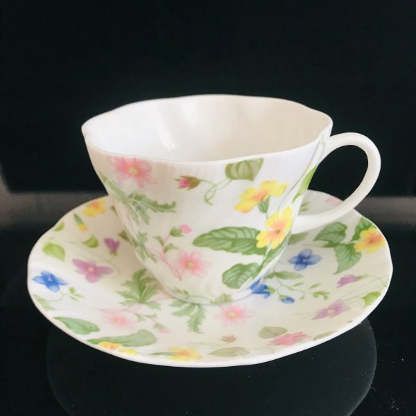 Queen's  tea cup and saucer England Fine bone china Floral Chintz pink green yellow purple blue farmhouse collectible display cottage coffee