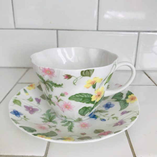 Queen's  tea cup and saucer England Fine bone china Floral Chintz pink green yellow purple blue farmhouse collectible display cottage coffee