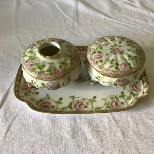 Rare Hand Painted Early Nippon Complete Dresser Vanity Set Hair Reciever Jewelry box trinket dish Tray Heavy gold trim