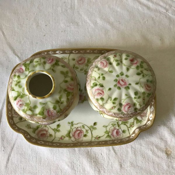 Rare Hand Painted Early Nippon Complete Dresser Vanity Set Hair Reciever Jewelry box trinket dish Tray Heavy gold trim