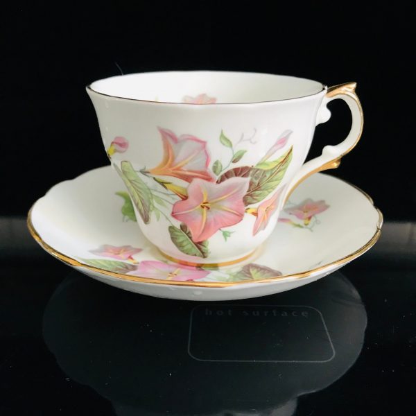 Regency Tea cup and saucer England Fine bone china Convolvulus light pink lavender flowers farmhouse collectible display bridal