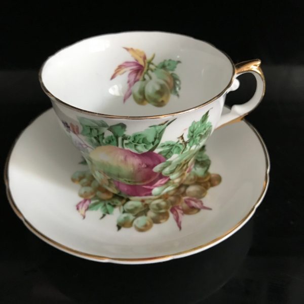 Regency Tea cup and saucer England Fine bone china Gorgeous Fruit Orchard Pattern purple green pink farmhouse collectible display bridal