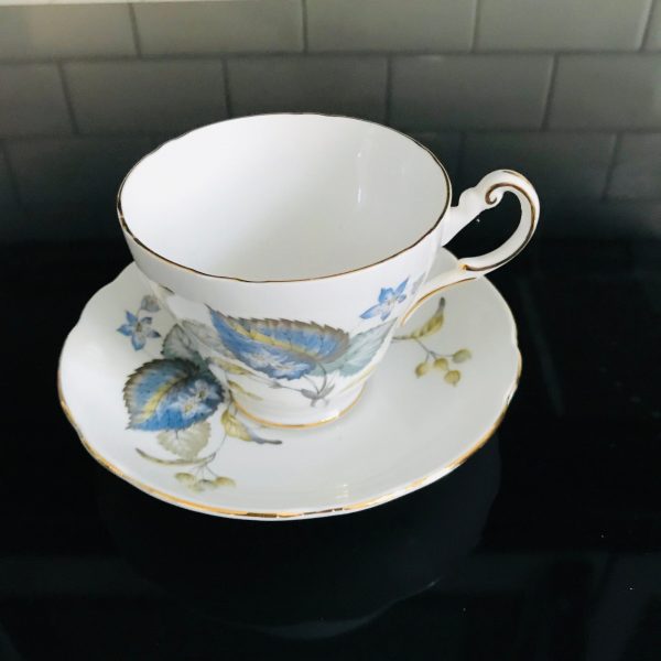 Regency Tea cup and saucer England Fine bone china Large blue leaves and flowers Floral farmhouse collectible display cottage coffee