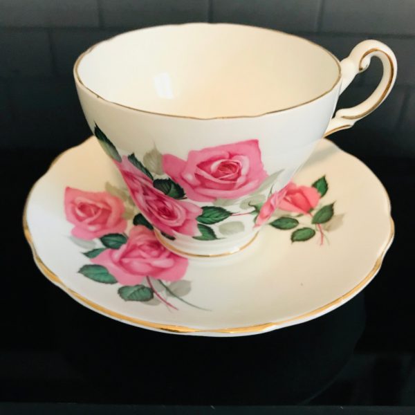 Regency Tea cup and saucer England Fine bone china Large Pink Roses green leaves gold trim farmhouse collectible display cottage coffee