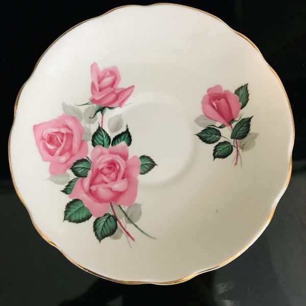 Regency Tea cup and saucer England Fine bone china Large Pink Roses green leaves gold trim farmhouse collectible display cottage coffee