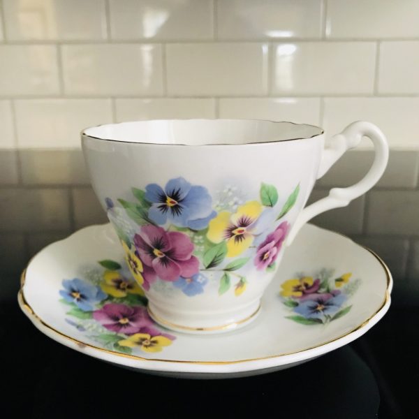 Regency Tea cup and saucer England Fine bone china Pansies Purple blue yellow Floral farmhouse collectible display cottage coffee