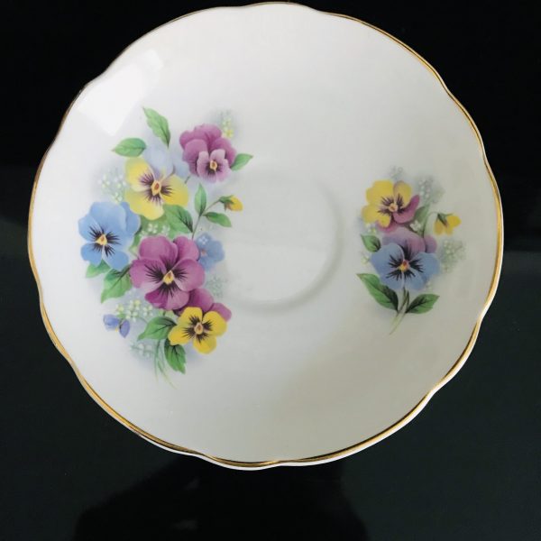 Regency Tea cup and saucer England Fine bone china Pansies Purple blue yellow Floral farmhouse collectible display cottage coffee