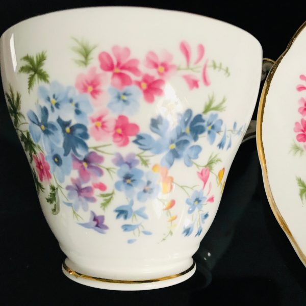 Regency Tea cup and saucer England Fine bone china Pink Blue Yellow dainty Floral farmhouse collectible display cottage coffee