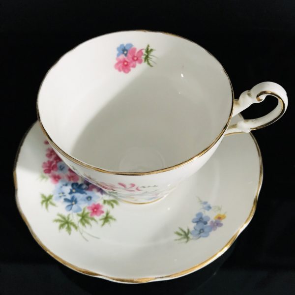 Regency Tea cup and saucer England Fine bone china Pink Blue Yellow dainty Floral farmhouse collectible display cottage coffee