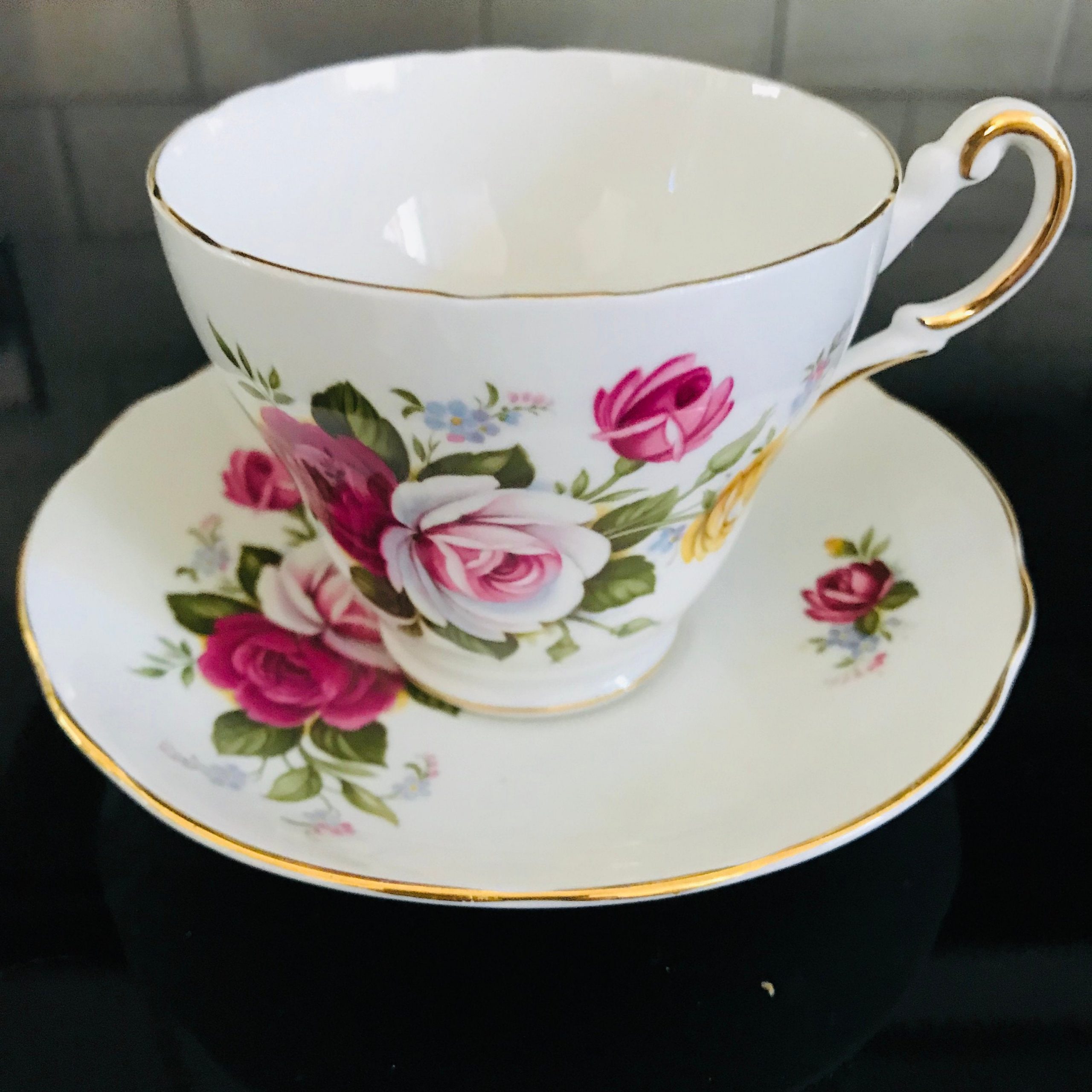 Regency Tea Cup And Saucer England Fine Bone China Red Pink Yellow Roses Gold Trim Farmhouse