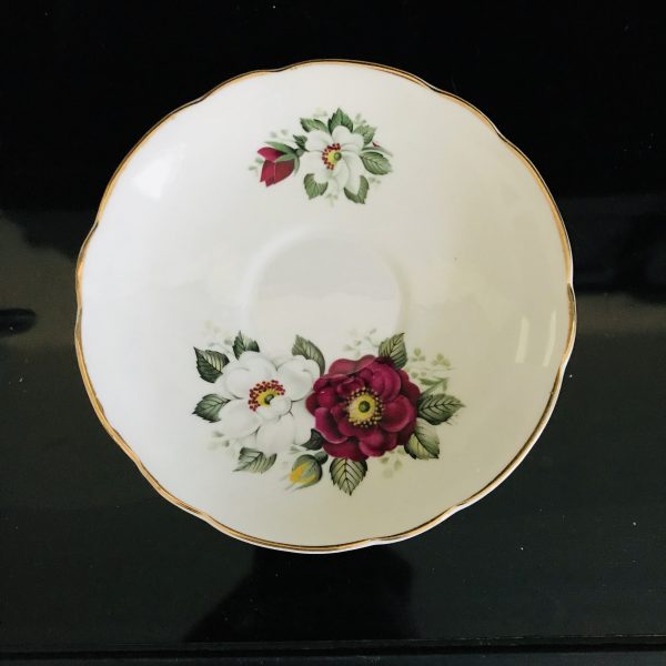 Regency Tea cup and saucer England Fine bone china Red & White Roses gold trim farmhouse collectible display cottage shabby chic