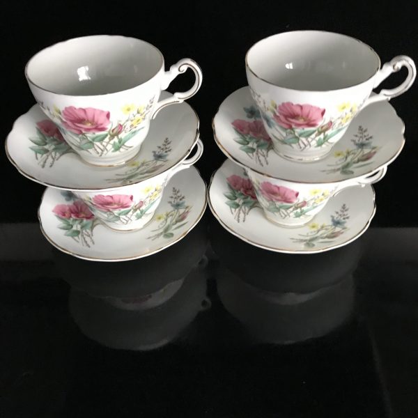 Regency Tea cup and saucer Set of 4 England Fine bone china Pink & Yellow Floral gold trim farmhouse collectible display cottage shabby chic