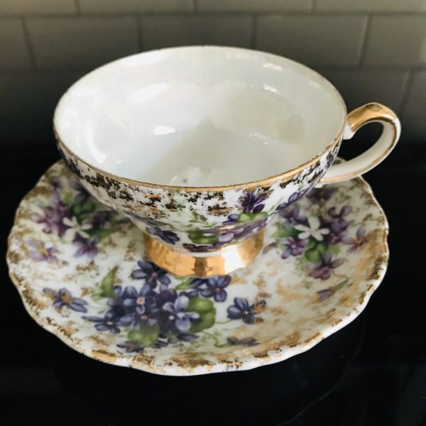 Rosetti tea cup and saucer Japan Fine bone china Purple Violets heavy gold trim farmhouse collectible display coffee serving dining